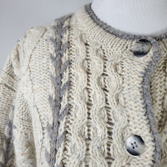 Woolrich Nordic Fisherman Grandpa Cable Knit Cardigan Sweater Cream VTG 90s Sz L - Picture 3 of 16